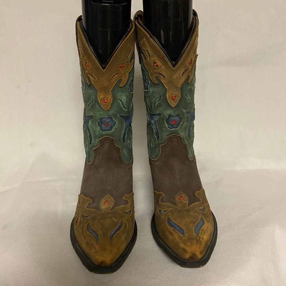 Dan Post Brown and Teal Embroidered Western Heeled Boots. - Picture 4 of 16